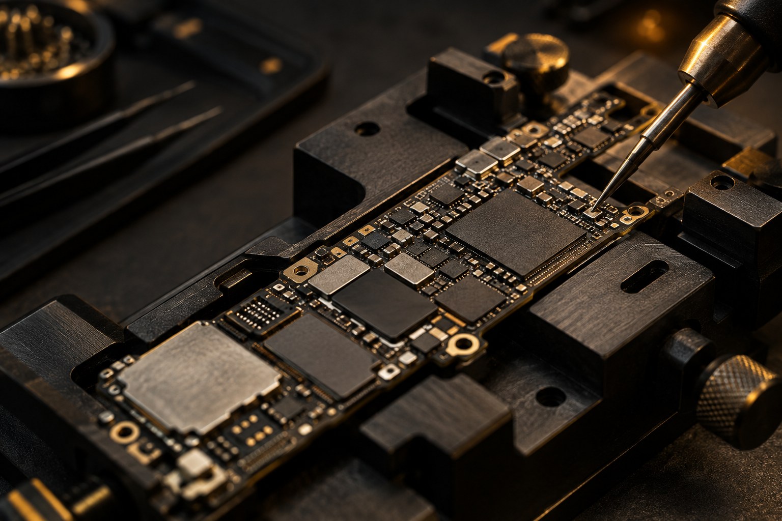 Illustrative macro view of precision work on a smartphone logic board